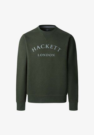 Zielona bluza z okrągłym dekoltem i długim rękawem. Z przodu na piersi znajduje się napis "HACKETT LONDON" w białym kolorze. Miękka w dotyku.
