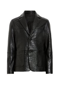 Schwarze Lederblazer mit strukturiertem Material, einreihiger Knopfverschluss, zwei große Taschen und Schalkragen. Glatte Innenausstattung.