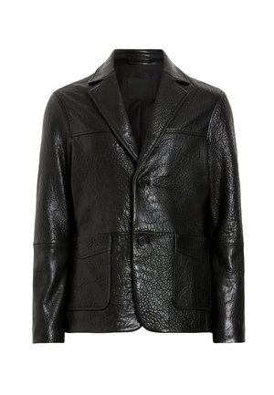 Blazer de cuero negro con superficie texturizada, frente de un solo botón, dos grandes bolsillos y solapas con muesca. Forro interior suave.