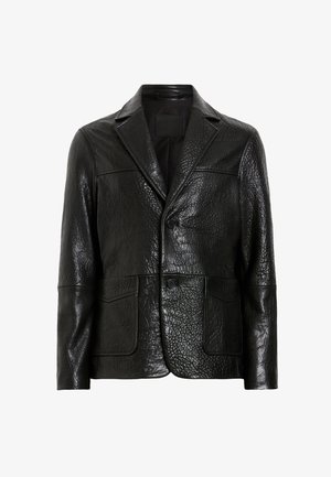 Zwarte leren blazer met een gestructureerd oppervlak, een enkelvoudige sluiting, twee grote zakken en ingezette revers. Gladde binnenvoering.