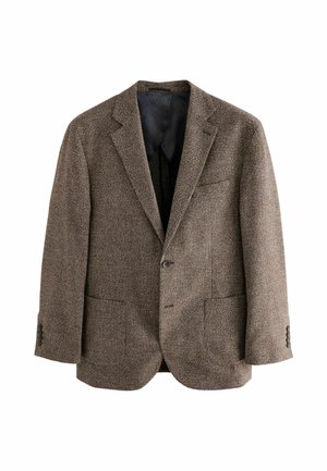 Braune Hahnentrittmuster-Jacke, strukturierter Stoff, zwei Fronttaschen, einknöpfiger Verschluss, schmaler Reverskragen, schwarze Innenauskleidung.