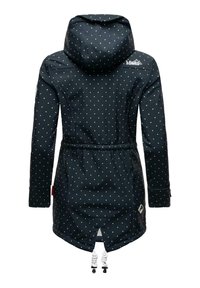 Navy blue waterproof jacket with white polka dots, adjustable hood, drawstring waist, and side slits at the hem for ventilation.