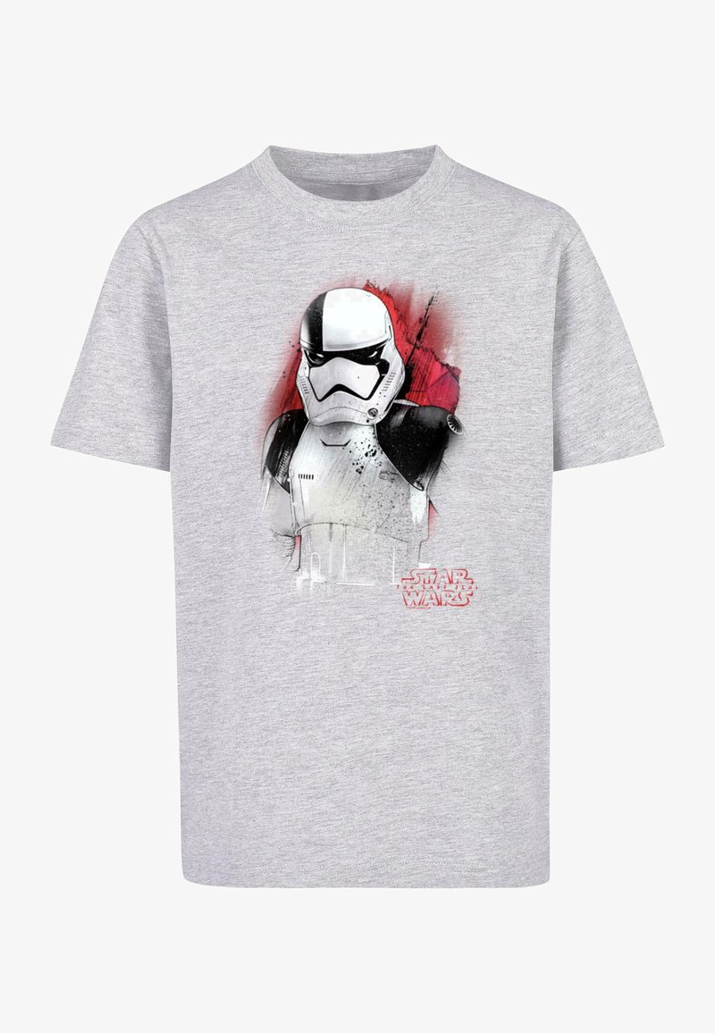 Grey cotton t-shirt featuring a graphic of a Stormtrooper against a red splatter background, with "Star Wars" text in red at the bottom.