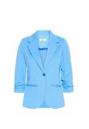 Hellblaues Sakko mit Reverskragen, Ein-Knopf-Verschluss, zwei Vorderseiten-Taschen und Dreiviertel-Ärmeln mit Raffung. Glattes Material.
