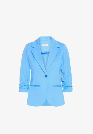 Világoskék zakó, kerek nyakkal, egygombos záródással, két elülső zsebbel és háromnegyedes, redőzött ujjakkal. Simább anyag.