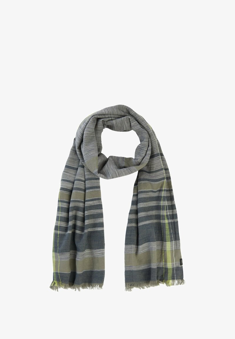 Écharpe rayée grise et olive avec des extrémités à franges, fabriquée à partir d'un tissu doux, présentant un motif linéaire subtil et un accent vert néon.