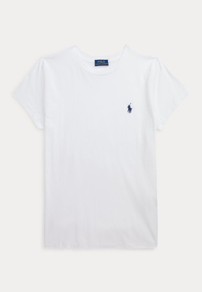 T-shirt blanc à manches courtes et col rond avec un petit logo Polo Ralph Lauren bleu marine sur la poitrine gauche.