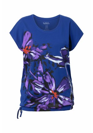 Blaues Kurzarmhemd mit großen lila und schwarzen Blumenmustern und orangefarbenen Akzenten, mit einem Kordelzugsaum auf der linken Seite.