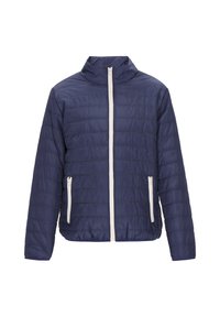 Marineblaue Steppjacke mit strukturiertem Oberflächen, hohem Kragen und weißen Reißverschlussabschlüssen. Verfügt über zwei Seitentaschen mit Reißverschlussakzenten.