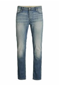 Jeans de mezclilla azul claro con áreas desgastadas, diseño de pierna recta, cinco bolsillos y cierre de botón. Hechos de una tela de algodón con una textura suave.