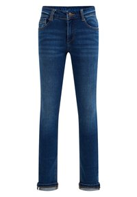 Jeans de denim en azul oscuro con un acabado ligeramente desvanecido, cinco bolsillos, cierre de botón y puños arremangados en el tobillo.
