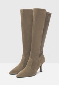 Botas hasta la rodilla en ante taupe con punta afilada, que presentan un panel en contraste y un tacón delgado. Textura suave con detalles de costura.