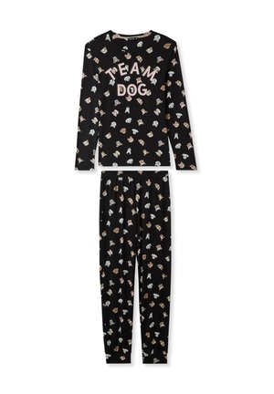 Set di pigiama nero composto da una maglietta a maniche lunghe con la stampa "TEAM DOG" e motivi di cani giocosi, abbinata a pantaloni con elastico in vita e stampa coordinata.