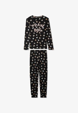 Set di pigiama nero composto da una maglietta a maniche lunghe con la stampa "TEAM DOG" e motivi di cani giocosi, abbinata a pantaloni con elastico in vita e stampa coordinata.