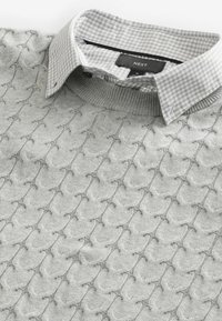Pull en maille gris clair avec un motif texturé et un col à carreaux gris et blanc contrastant. L'étiquette indique "NEXT".