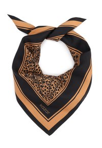 Foulard in seta cucito di colore nero con un motivo a stampa animale marrone e bordi dorati a contrasto. Presenta il nome del marchio "Kozar" in basso.