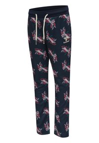 Marine joggerbroek met bloemenpatroon, voorzien van crèmekleurige trekkoorden en gouden branding. Gemaakt van zachte, textuurstof voor comfort.