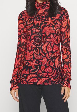 Maglione a maniche lunghe con collo alto che presenta una base nera con vivaci motivi floreali e astratti in rosso e arancione. Tessuto morbido e elasticizzato con polsini aderenti.