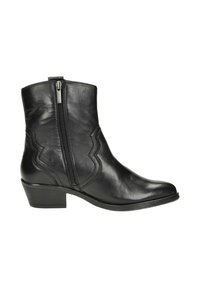 Bottines en cuir noir avec une fermeture éclair, dotées de coutures en zigzag et d'un petit talon carré. Texture lisse, design à bout pointu.