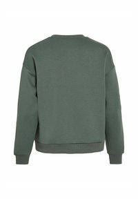 Sweat-shirt à manches longues vert foncé avec poignets, ourlet et encolure ras du cou côtelés, présenté de dos sur un fond blanc.