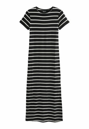 Abito a righe bianche e nere con maniche corte, scollo rotondo e silhouette dritta. Realizzato in un tessuto morbido e leggero.