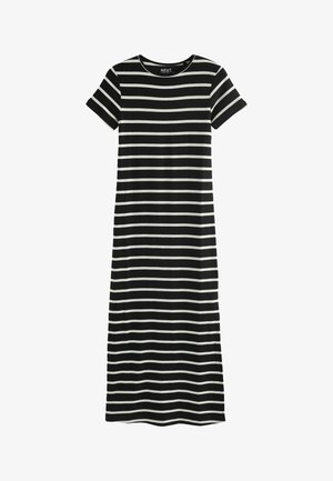 Čierno-biele pruhované šaty s krátkymi rukávmi, okrúhlym výstrihom a rovnou siluetou. Vyrobené z mäkkého, ľahkého materiálu.