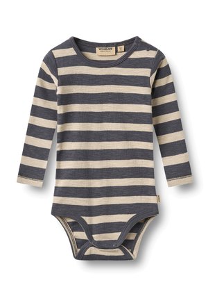 Baby-Body mit langen Ärmeln in Beige und Dunkelgrau mit horizontalen Streifen und Druckknöpfen an Schulter und Schritt.