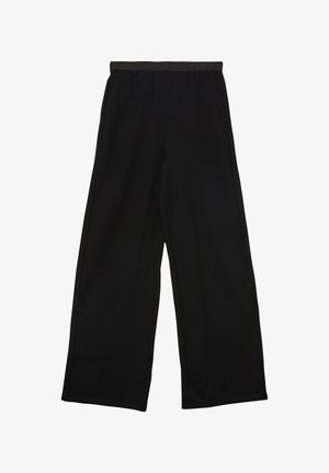 Czarne szerokie spodnie z miękkiego materiału. Elastyczny pas w talii; gładka faktura bez widocznych wzorów czy dodatków. Casualowy design.