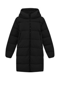 Manteau long matelassé noir avec un col montant, une fermeture éclair à l'avant et des poches latérales zippées, conçu pour les temps froids.