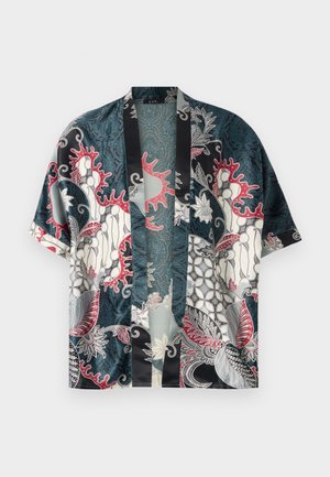 Kurzärmliges Kimono-Hemd mit offenem Vorderteil, mit abstrakten floralen und Korallenmustern in dunkelpetrol, schwarz, weiß und rot.