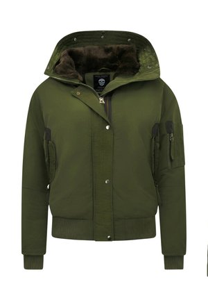Groene bomberjas met bontgevoerde capuchon, ritssluiting aan de voorkant, drukknopen, geribbelde boorden en zoom, en een ritssluitingzak op de linker mouw.