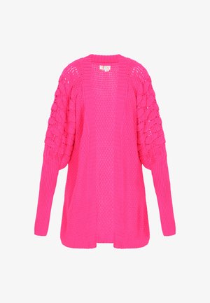 Svijetloružičasti pleteni kardigan otvorenog prednjeg dijela s dugim, teksturiranim napuhanim rukavima i rebrastim manžetama, prikazan na bijeloj pozadini.