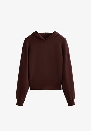 Hnědá zkrácená mikina s kapucí na šňůrku, vyrobená z měkké tkaniny, s dlouhými rukávy a žebrovanými manžetami a lemem.