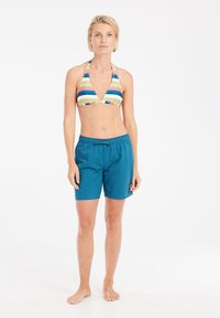 Bikini viršus su daugiakolorėmis horizontaliomis juostomis; melsvai žalios šortai su elastinga juosta ir raišteliu. Modelis stovi basomis ant baltos fono.