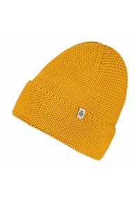 Knitted yellow beanie hat with a folded cuff and a small logo patch on the side, displaying a textured, warm appearance.