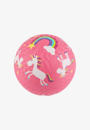 Pink rubber ball featuring white unicorns, rainbows, and stars. Textured surface with a woven pattern and vibrant printed designs.