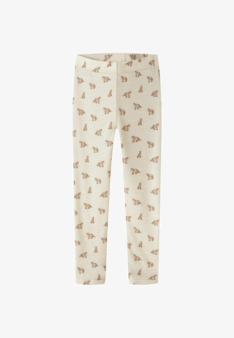 Leggings beige pour enfants avec un motif complet de petits renards marron.