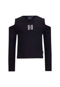 Schwarzes, geripptes Langarmoberteil mit Schulterausschnitten, mit weißem Logo-Print in der Mitte. Aus dehnbarem Stoff für Komfort gefertigt.