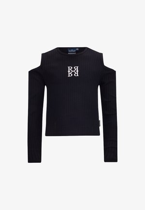 Top lungo a maniche nere a coste con aperture sulle spalle, caratterizzato da una stampa logo bianca al centro. Realizzato in tessuto elasticizzato per il massimo comfort.