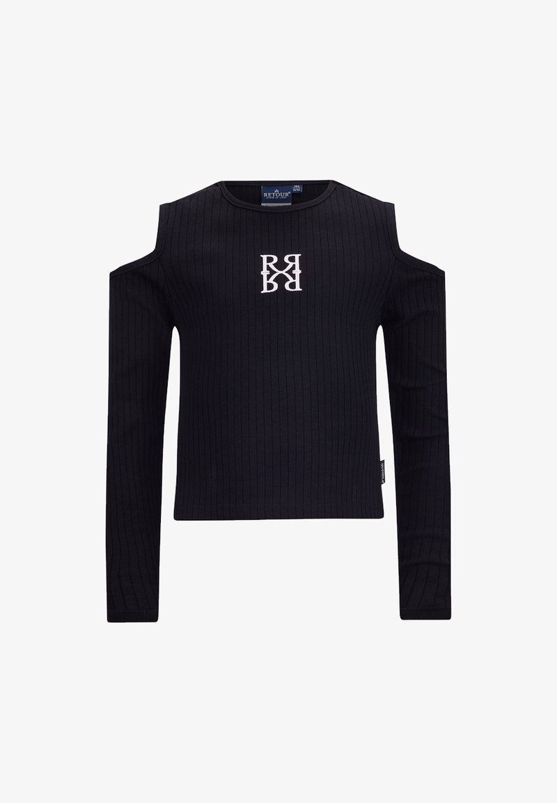 Schwarzes, geripptes Langarmoberteil mit Schulterausschnitten, mit weißem Logo-Print in der Mitte. Aus dehnbarem Stoff für Komfort gefertigt.