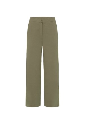Wide-leg trousers in olive green, made from soft fabric. Features a button closure at the waist and minimal stitching details.