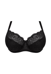 Black lace underwire bra with floral patterns, smooth texture, and adjustable straps. Features a hook closure at the back for support.