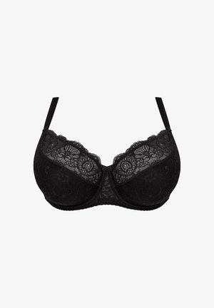 Sutien cu dantelă neagră, cu suport sub formă de sârma, având modele florale, textură netedă și bretele ajustabile. Dispune de un sistem de închidere cu cârlig la spate pentru susținere.