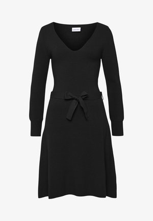 Schwarzes, geripptes Kleid mit langen Ärmeln, V-Ausschnitt und Taillenzug. Weicher Stoff und ausgestellter Rock. Lascana-Logo auf dem Etikett.