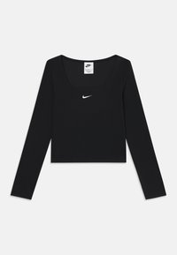 Čierny crop top s dlhým rukávom vyrobený z mäkkej tkaniny, s okrúhlym výstrihom a malým bielym logom Nike umiestneným v strede hrudníka.
