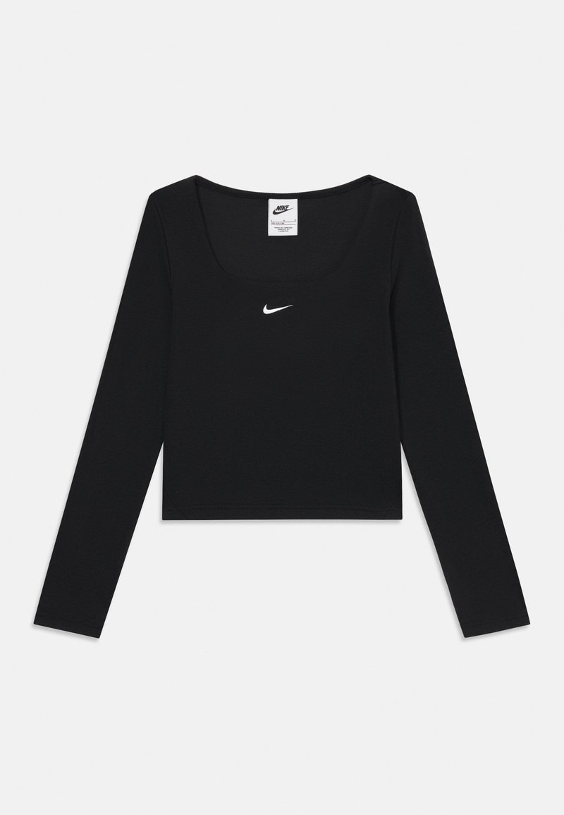 Top cropped de manga longa preto, feito de um tecido macio, com um decote arredondado e um pequeno logotipo Nike branco centrado no peito.
