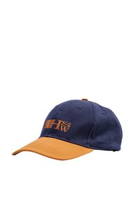 Navy blue baseball cap with an orange brim, featuring embroidered "HSW" logo on the front. Made of fabric with a classic curved visor.