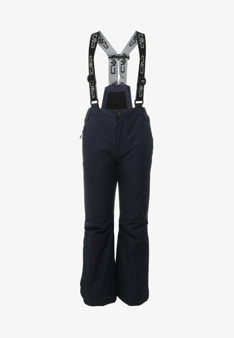Calças de neve impermeáveis de cor azul-marinho com suspensórios ajustáveis em preto e cinza, bolsos com fecho zip, pernas largas e costuras reforçadas para durabilidade.