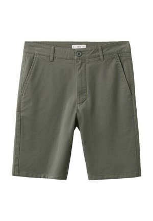 Miesten oliivinvihreät polvipituudet shortsit, joissa on nappikiinnitys, vyölenkit ja etutaskut.