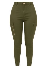 Oliwkowe spodnie typu cargo z wysokim stanem, kieszeniami na zamek oraz prążkowanymi mankietami. Wykonane z gładkiego, elastycznego materiału dla komfortu.